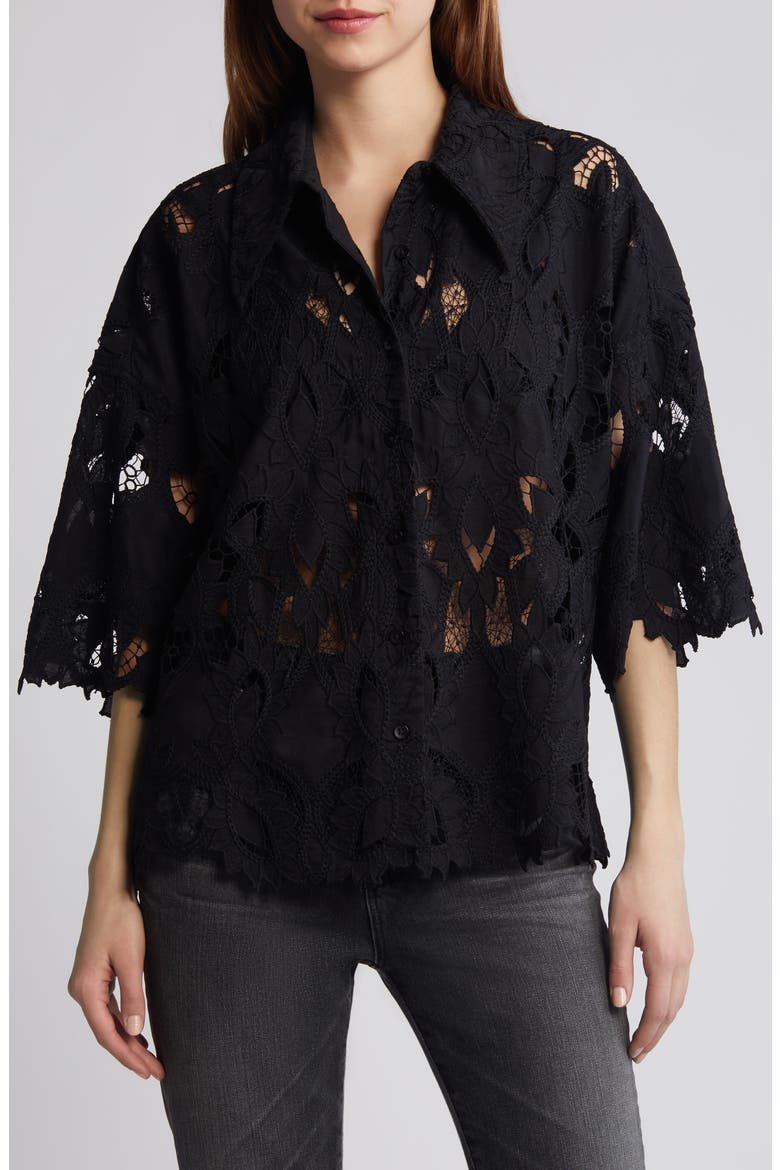 Charli Embroidered Button-Up Shirt, Main, color, BLACK