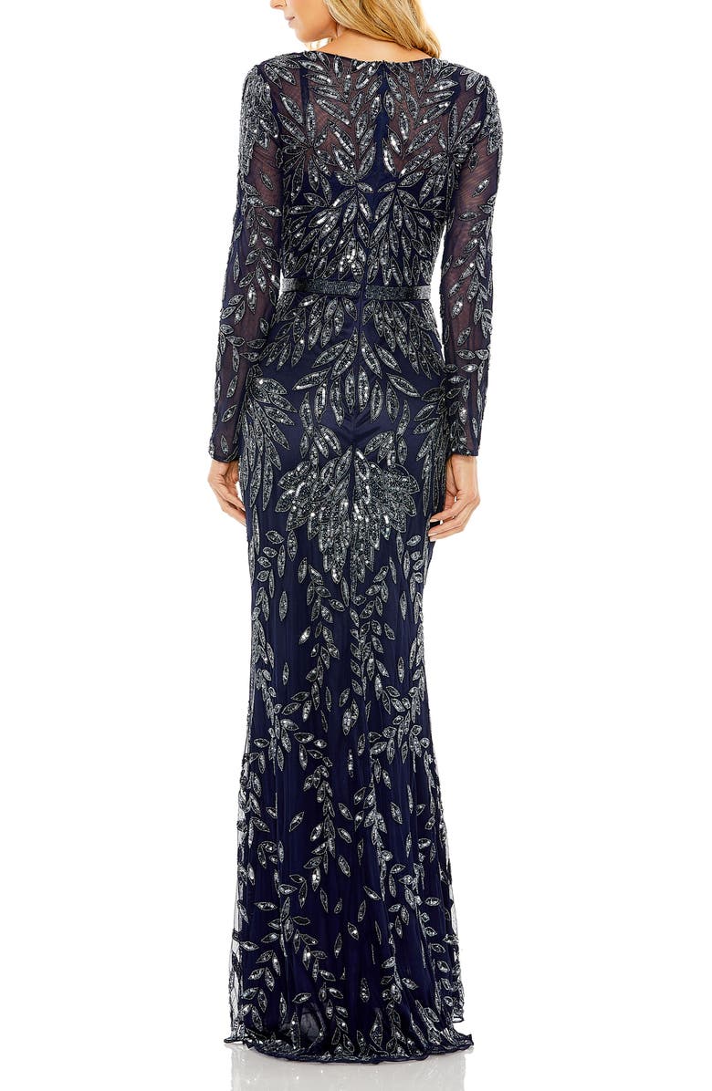 Mac Duggal Long Sleeve Illusion Neckline Embellished Gown, Alternate, color, Midnight