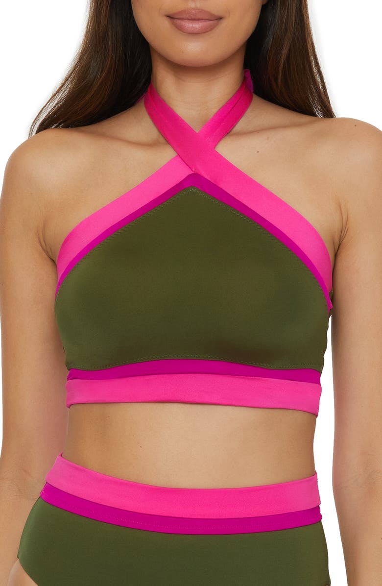 Trina Turk Colorblock Halter Neck Bikini Top, Main, color, Olive Multi