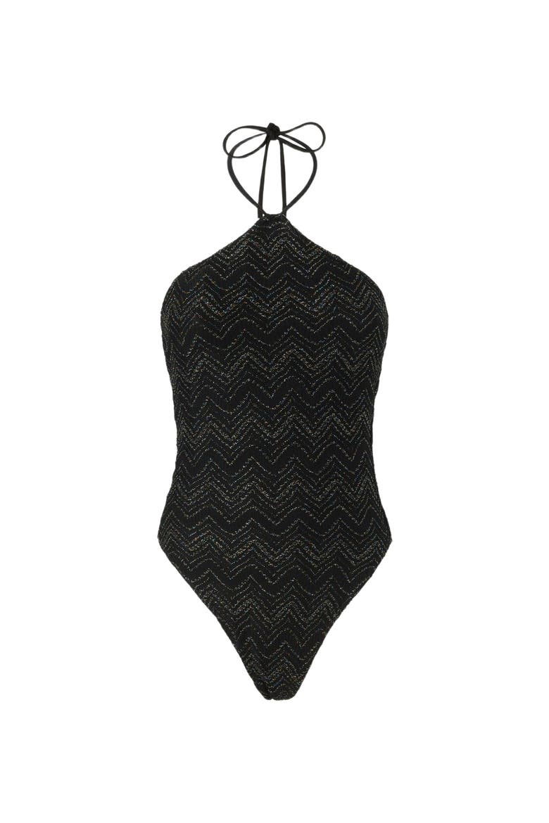 Zig Zag Lamé Viscose One-piece Swimsuit With Halter Neck, Alternate, color, Black & Lamé