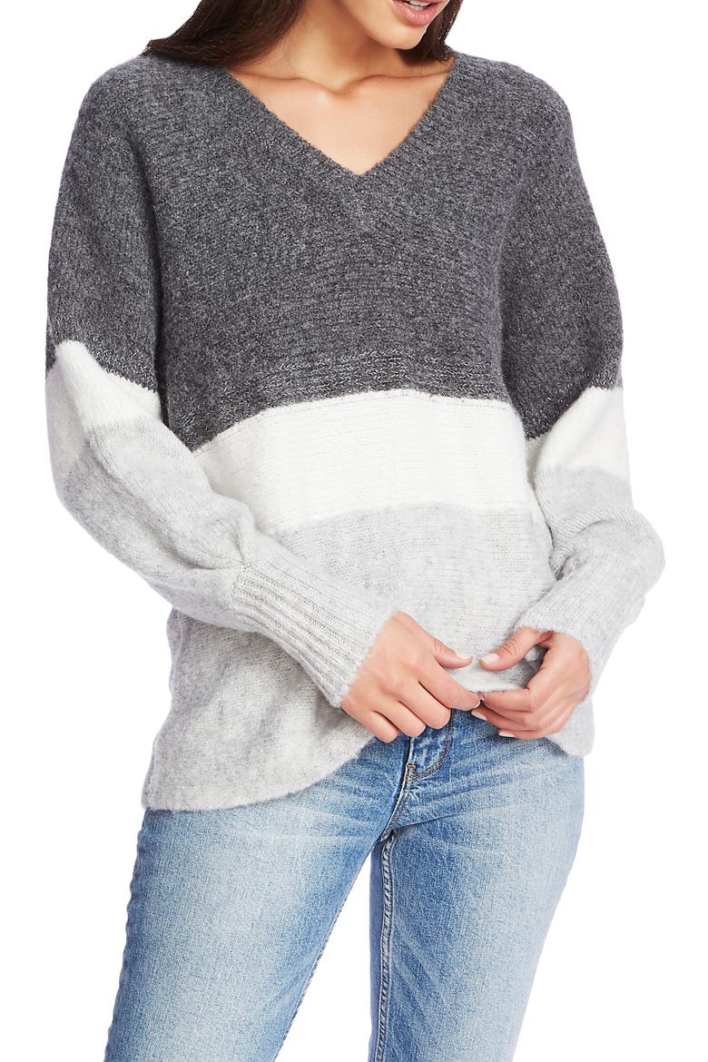 Stripe V-Neck Tunic Sweater, Main, color, MED HEATHER GREY
