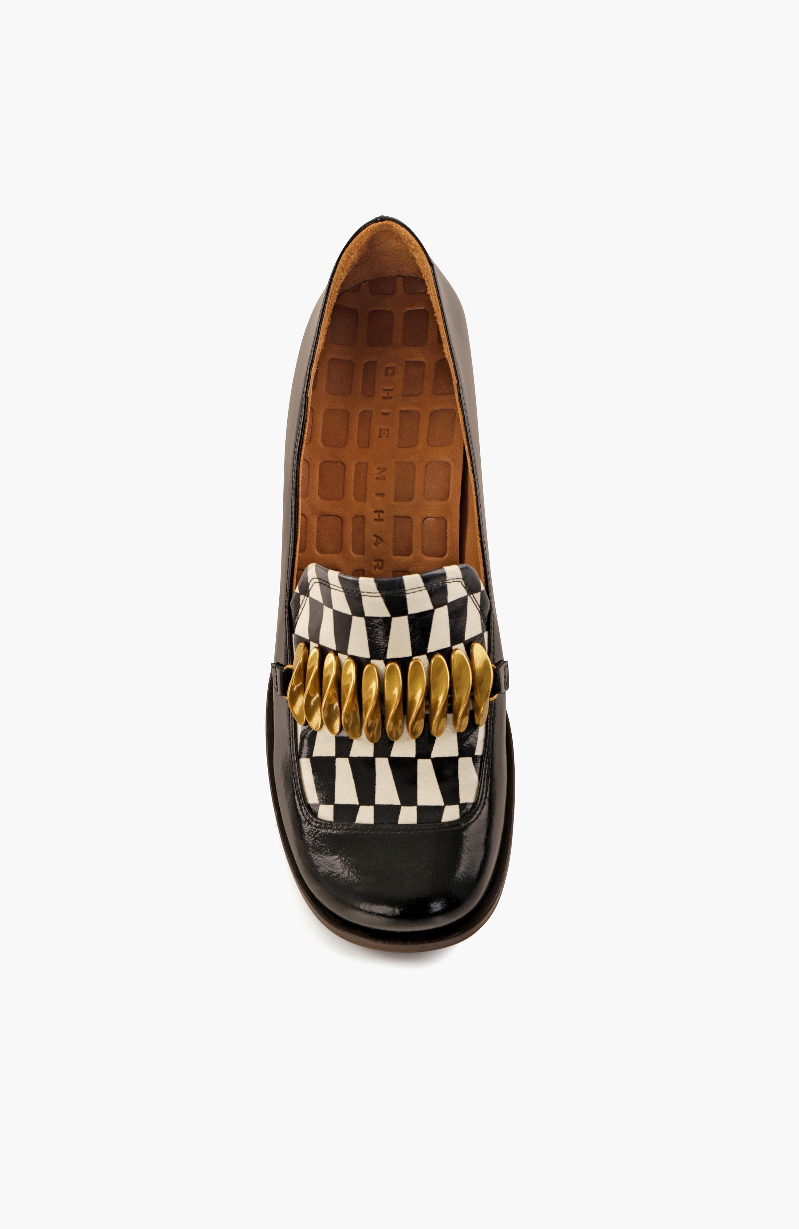 TIBRO Plaid print patent leather heeled Loafers, Alternate, color, Black and white