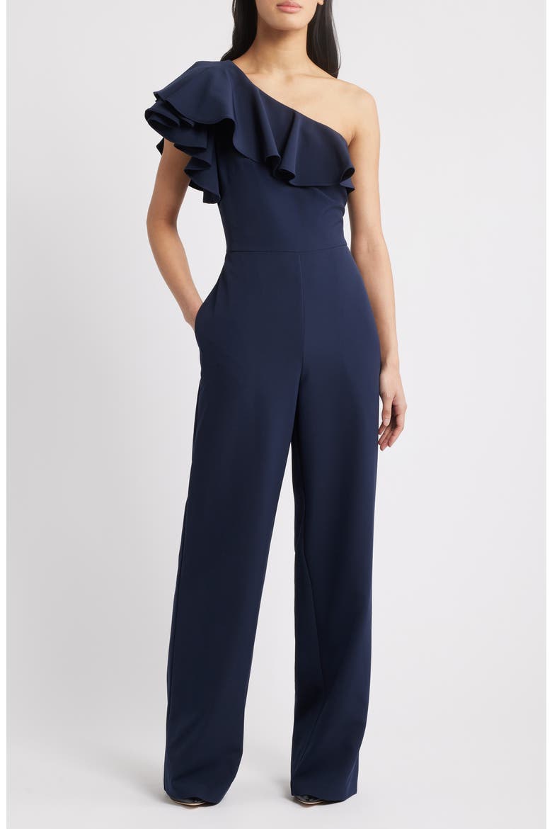 One-Shoulder Ruffle Jumpsuit, Main, color, NAVY