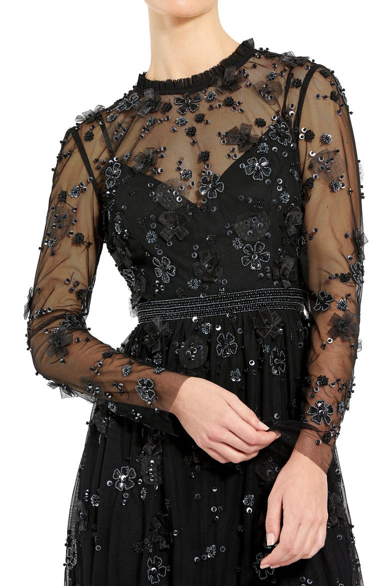 Sheer Long Sleeve Embellished Mini Dress, Alternate, color, Black