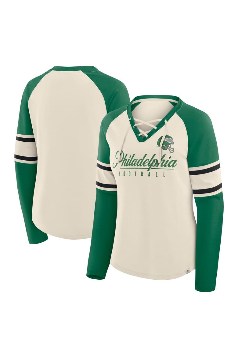 Women's Fanatics Cream/Kelly Green Philadelphia Eagles Hometown Gridiron Hero Raglan Lace-Up V-Neck Long Sleeve T-Shirt, Main, color, Cream