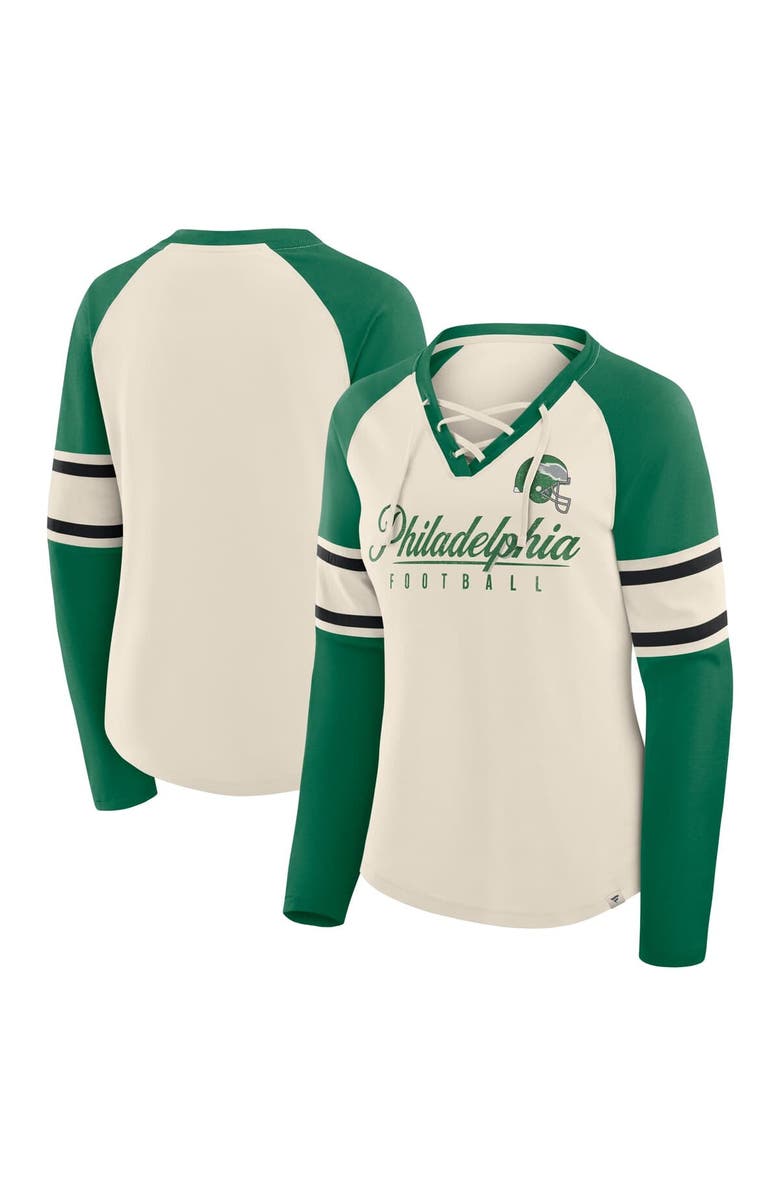 FANATICS Women's Fanatics Cream/Kelly Green Philadelphia Eagles Hometown Gridiron Hero Raglan Lace-Up V-Neck Long Sleeve T-Shirt, Main, color, Cream