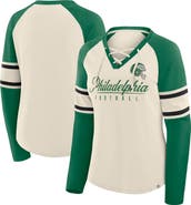 FANATICS Women's Fanatics Cream/Kelly Green Philadelphia Eagles Hometown Gridiron Hero Raglan Lace-Up V-Neck Long Sleeve T-Shirt