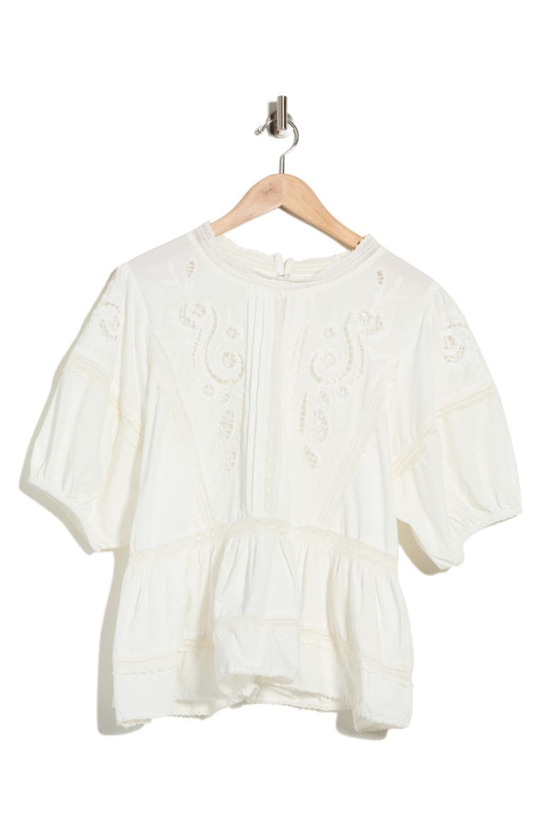 Embroidered Short Sleeve Cotton Peplum Top, Alternate, color, WHITE