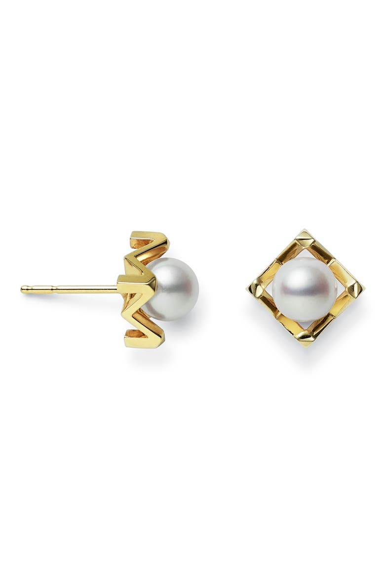 M Cultured Pearl Stud Earrings, Main, color, YELLOW GOLD