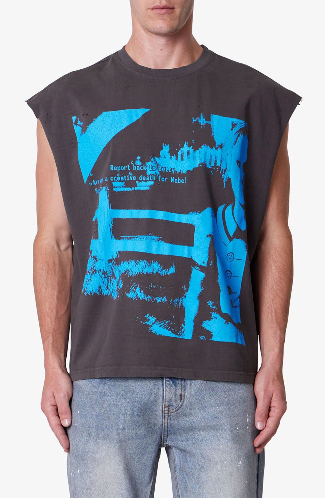 mnml Sleeveless Distressed Graphic Cutoff T-Shirt