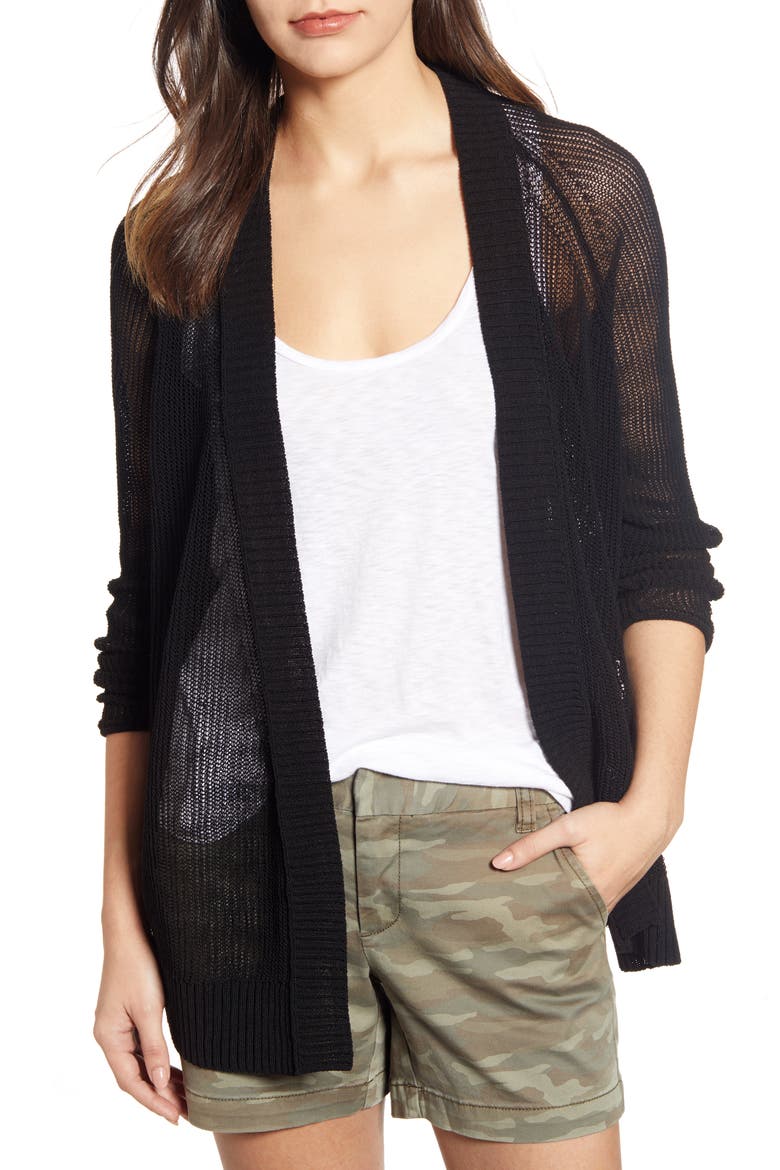 Open Cotton Blend Cardigan, Main, color, BLACK