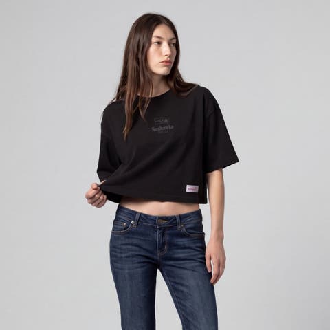 Women's Mitchell & Ness Black Seattle Seahawks Core Essentials Micro Logo Boxy Crop T-Shirt