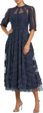 Mac Duggal Women's High Neck Puff Sleeve Ruffle Tiered Dress