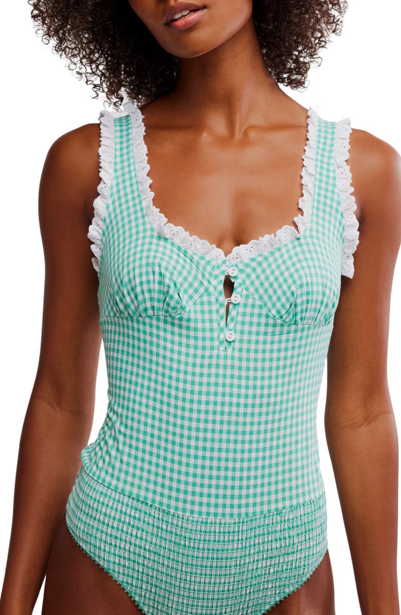 Free People Cassie Gingham Ruffle Bodysuit, Alternate, color, Green White Combo