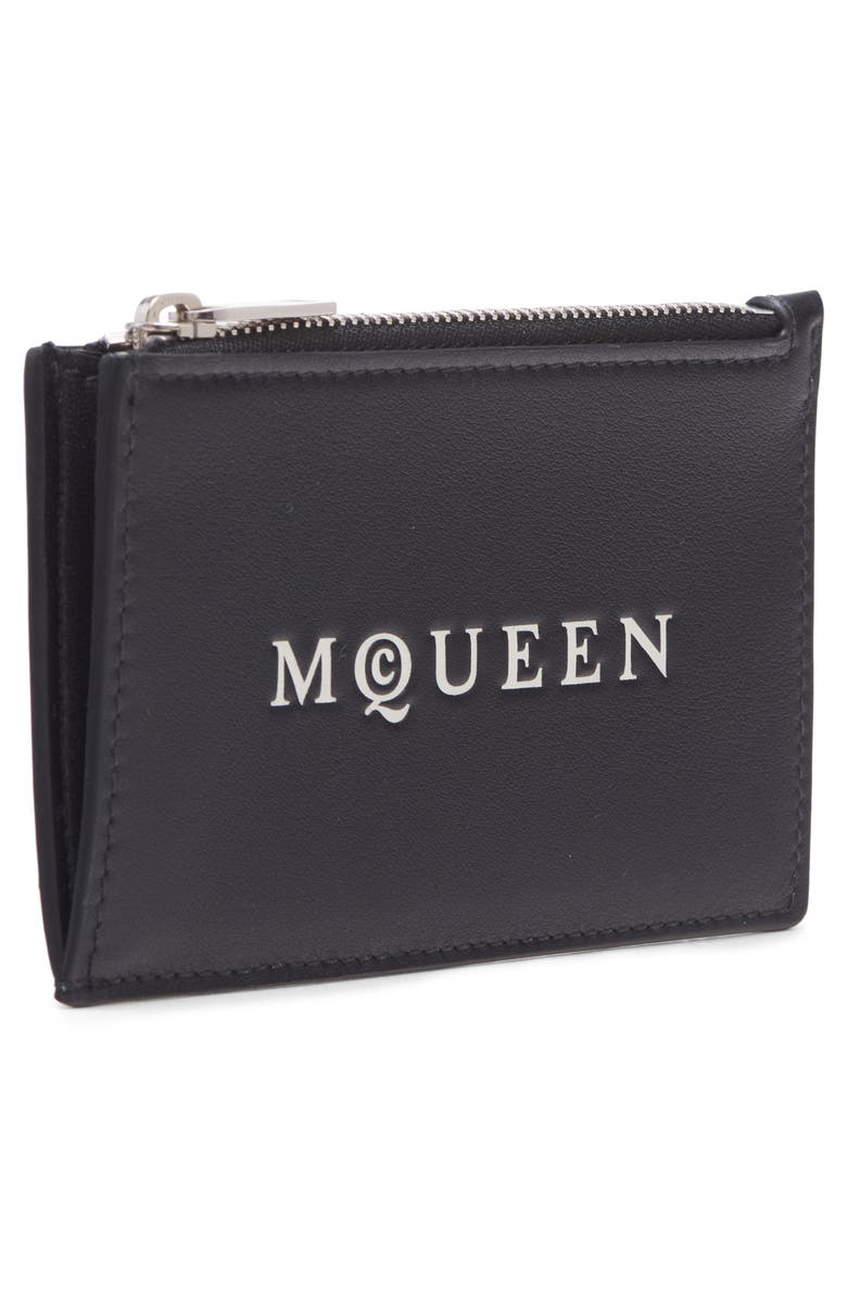 McQueen Logo Leather Zip Card Case, Alternate, color, Black/ Bone/ Silver