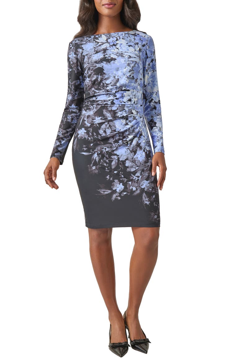 Long Sleeve Boat Neck Side Ruched Jersey Dress, Main, color, BLACK MULTI