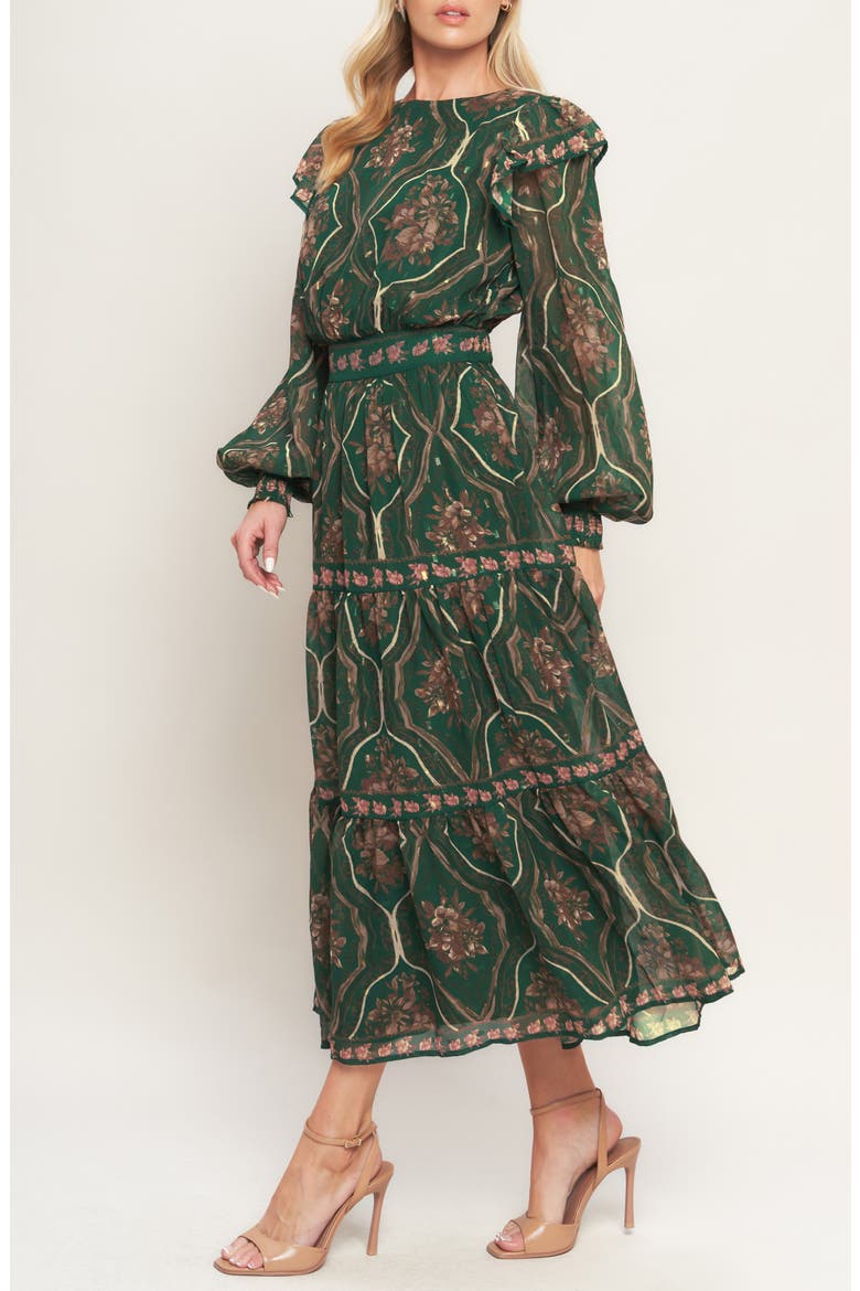 Floral Long Sleeve Tiered Maxi Dress, Alternate, color, GREEN