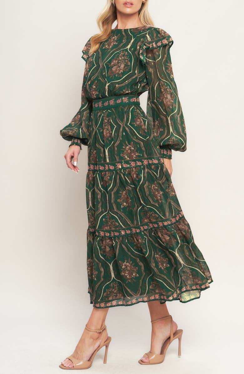 FLYING TOMATO Floral Long Sleeve Tiered Maxi Dress, Alternate, color, Green