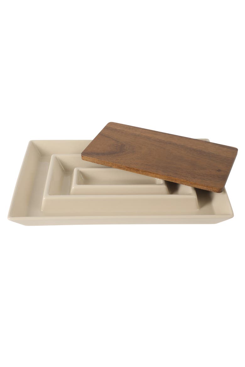 Gracious Dining 3-Section Stoneware Serving Tray with Acacia Lid, Main, color, Taupe