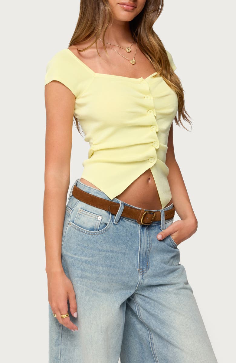 EDIKTED Lilibet Ruffle Placket Button-Up Knit Top, Alternate, color, Yellow