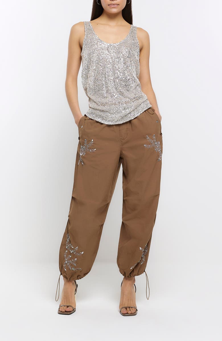 River Island Embellished Baggy Parachute Pants, Alternate, color, 