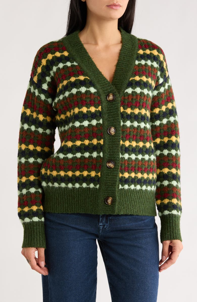 BY DESIGN Selena V-Neck Cardigan, Main, color, Rifle Green/ Spicy Mustard