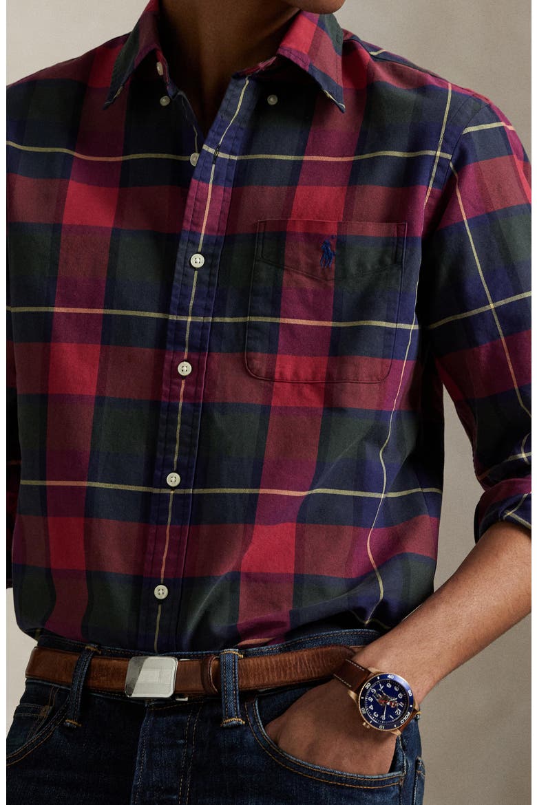 Classic Fit Plaid Cotton Oxford Button-Down Shirt, Alternate, color, RUSTIC RED/ YELLOW MULTI
