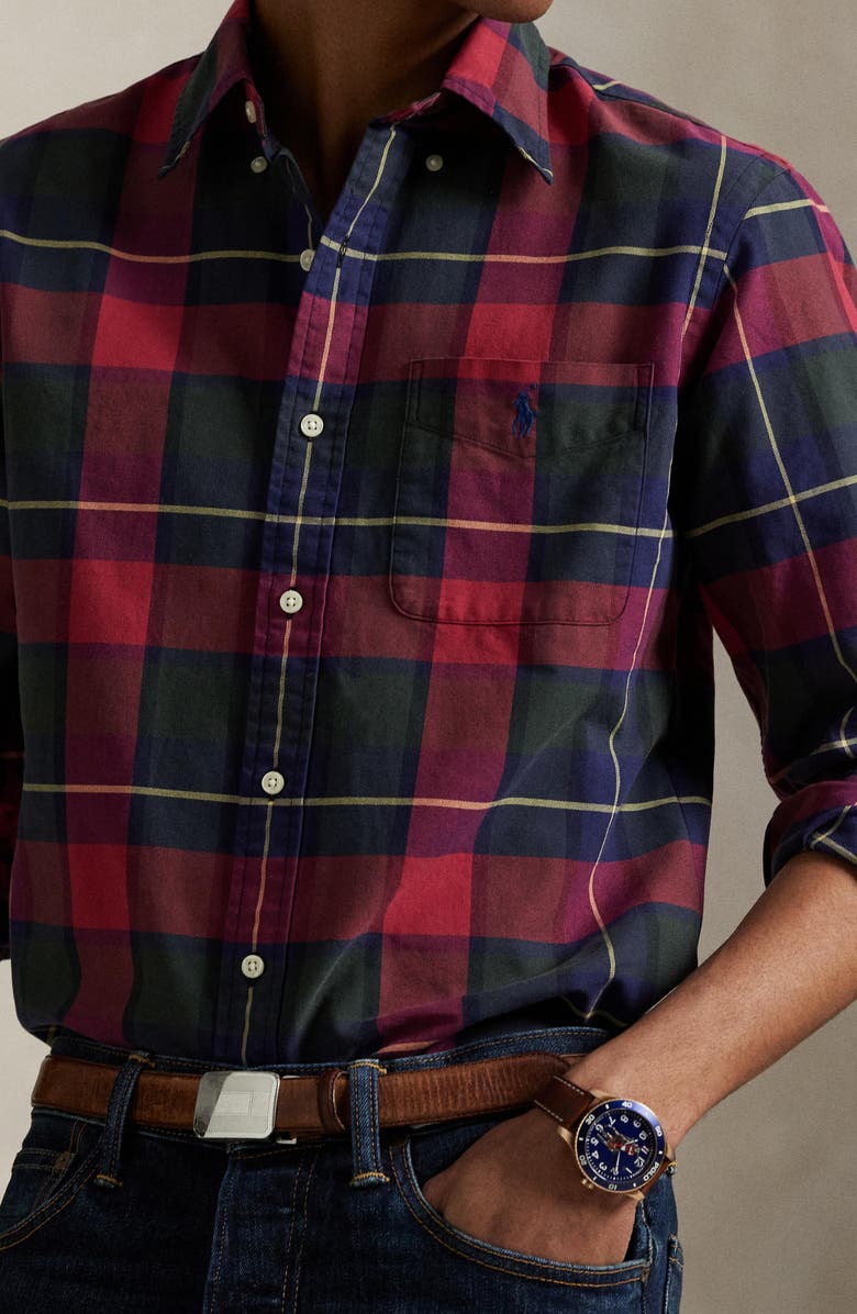 Polo Ralph Lauren Classic Fit Plaid Cotton Oxford Button-Down Shirt, Alternate, color, Rustic Red/ Yellow Multi