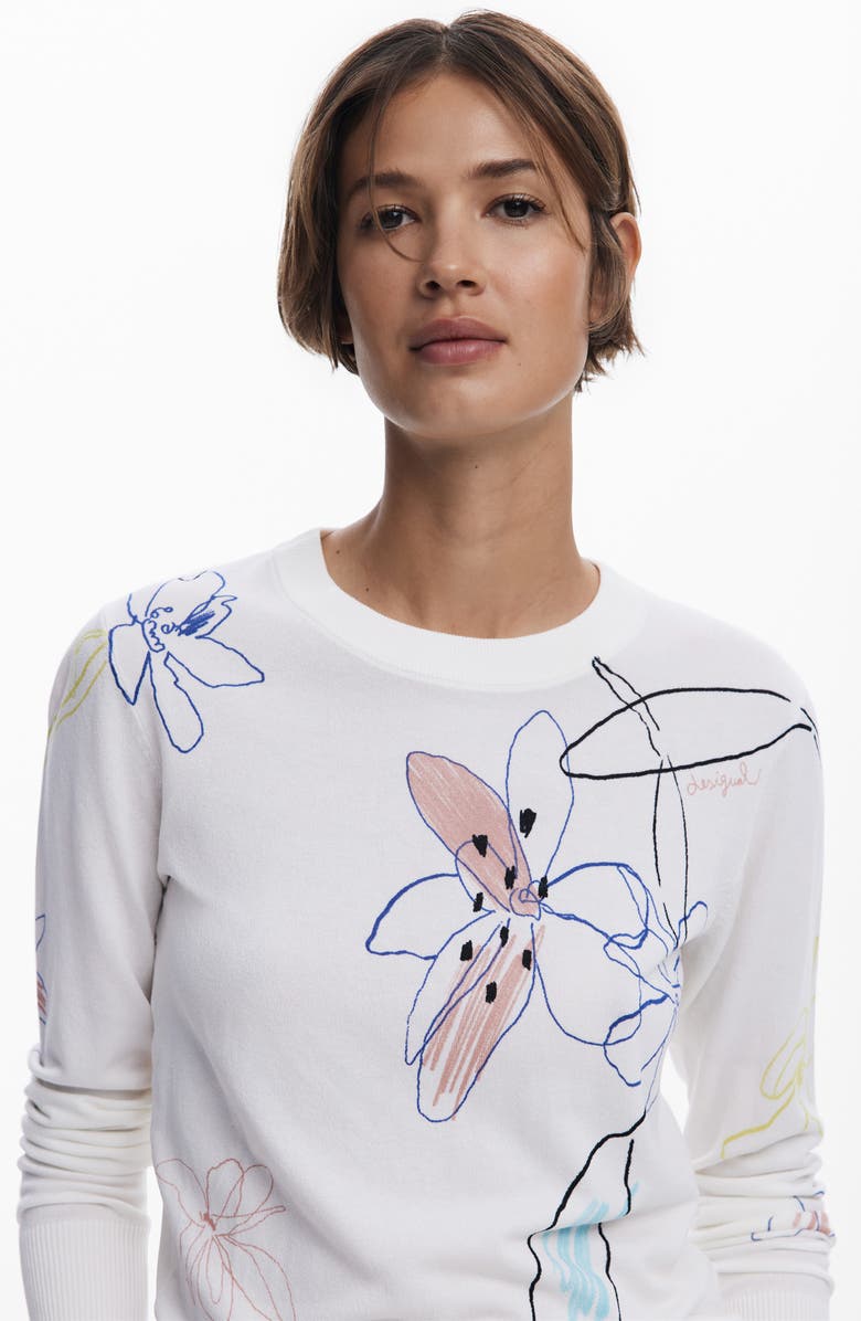 Desigual Floral Crewneck Sweater, Alternate, color, White