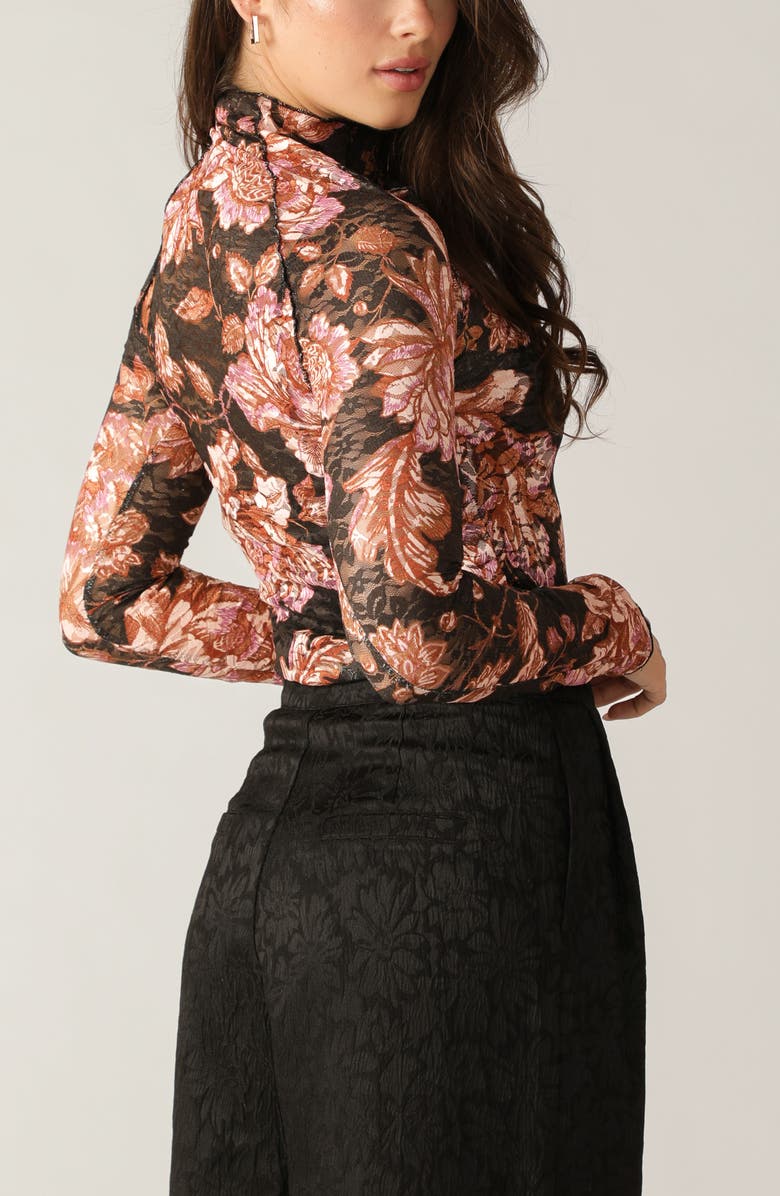 FLYING TOMATO Floral Long Sleeve Stretch Lace Top, Alternate, color, Black Taupe