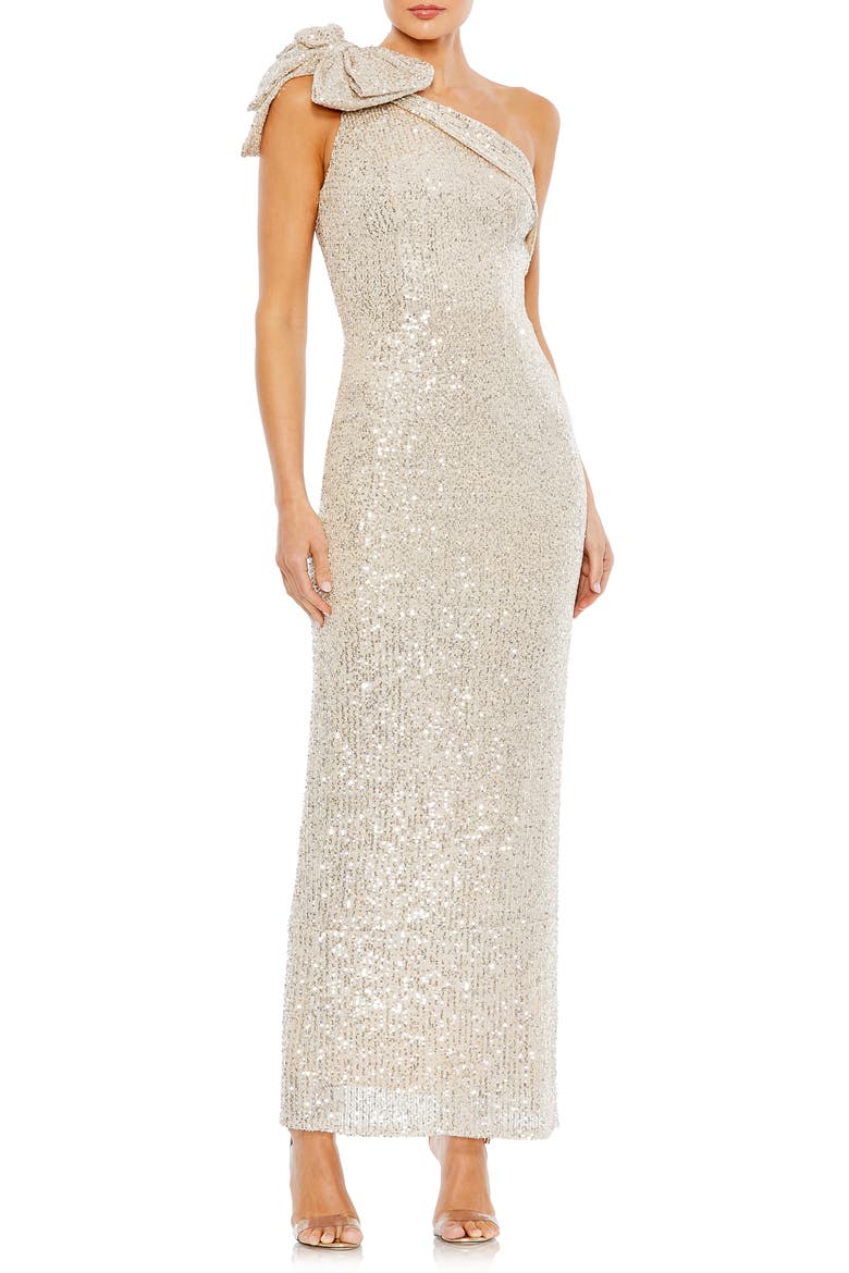 Bow Sequin One-Shoulder Column Gown, Main, color, NUDE