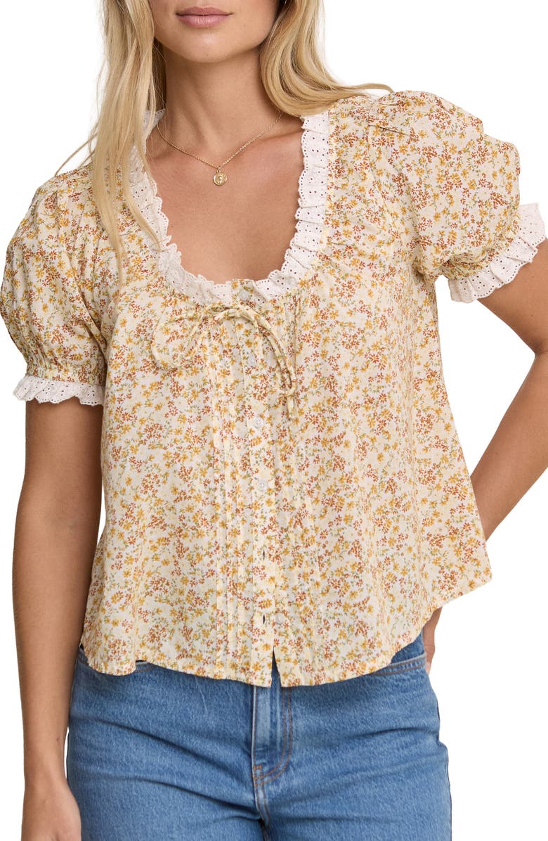 Nobody's Child Lumi Floral Eyelet Trim Button-Up Top, Main, color, Yellow