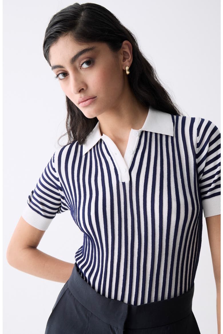 Amarenta Stripe Polo Sweater, Alternate, color, ECRU AND NAVY