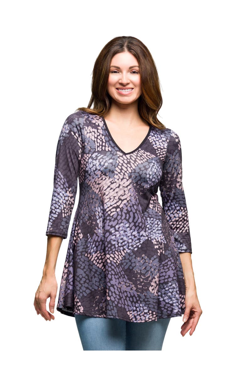 24seven Comfort Apparel Abstract Print V-neck three quarter Sleeve Tunic Top, Main, color, Gray Multi