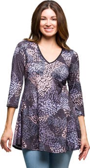 24seven Comfort Apparel Abstract Print V-neck three quarter Sleeve Tunic Top