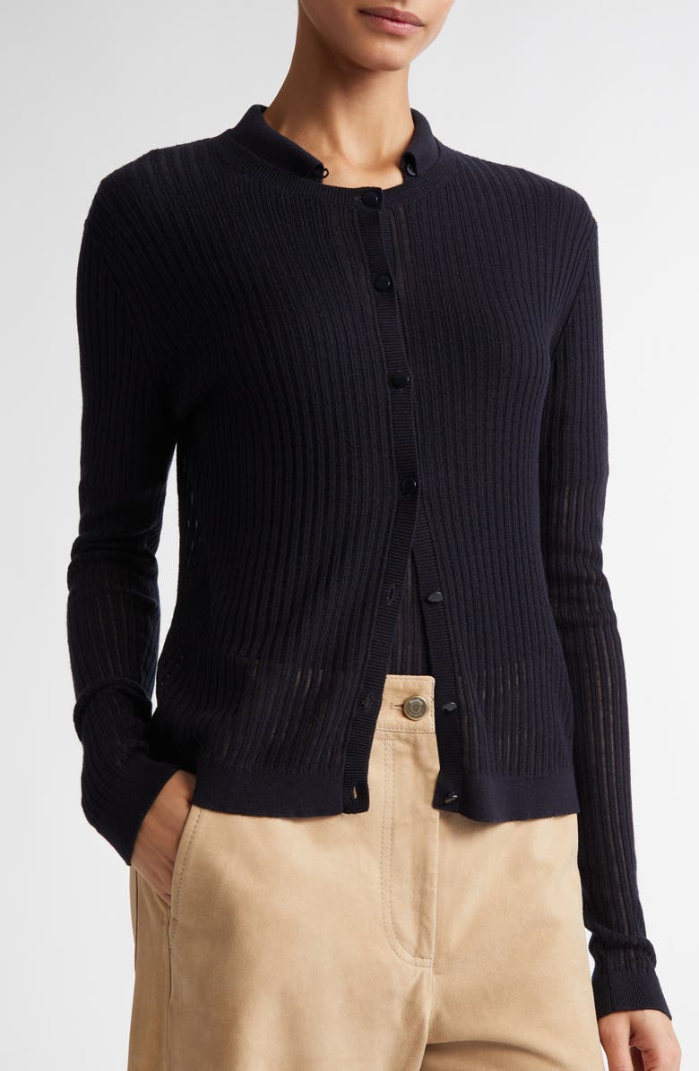 Max Mara Studio Kassel Silk & Wool Rib Cardigan, Alternate, color, Navy