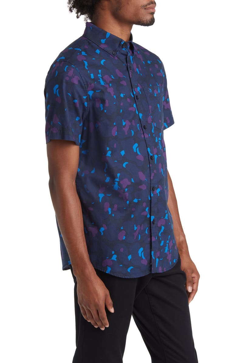 Original Penguin Slim Fit Camo Print Short Sleeve Button-Down Shirt, Alternate, color, 
