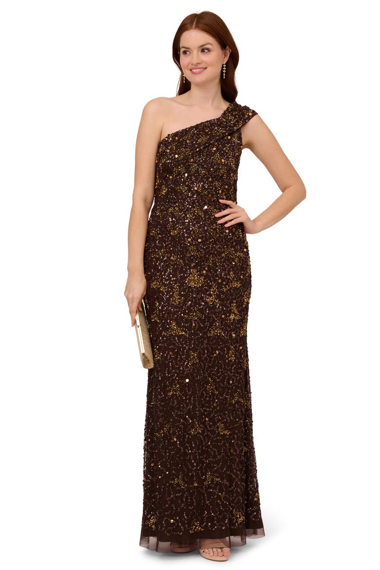 Beaded One-Shoulder Gown, Alternate, color, CHOCOLATE