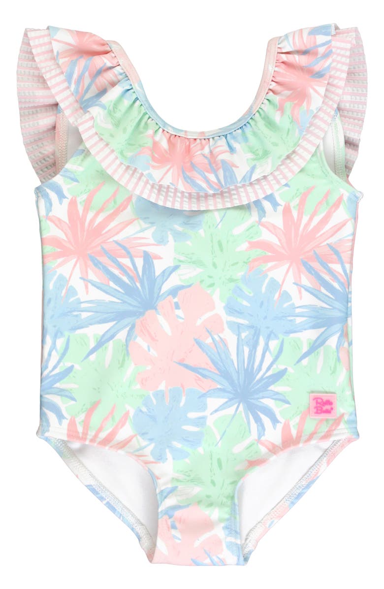 RuffleButts Kids' Pastel Palms Ruffle One-Piece Swimsuit, Main, color, 