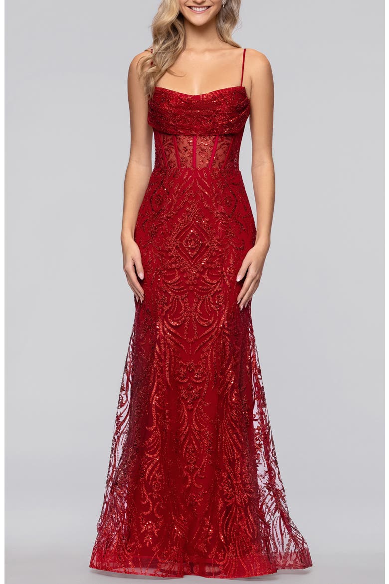 Glitter Corset Sleeveless Gown, Main, color, RED