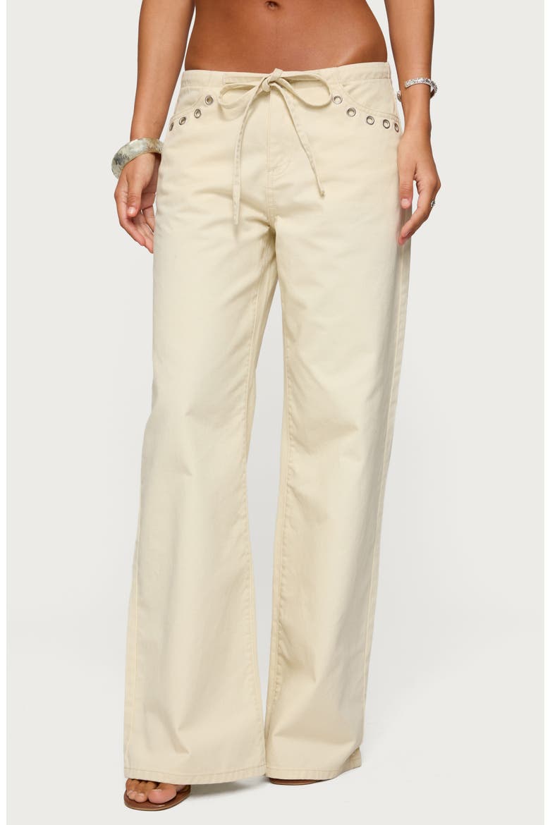 Grommet Drawstring Low Rise Wide Leg Jeans, Main, color, BEIGE