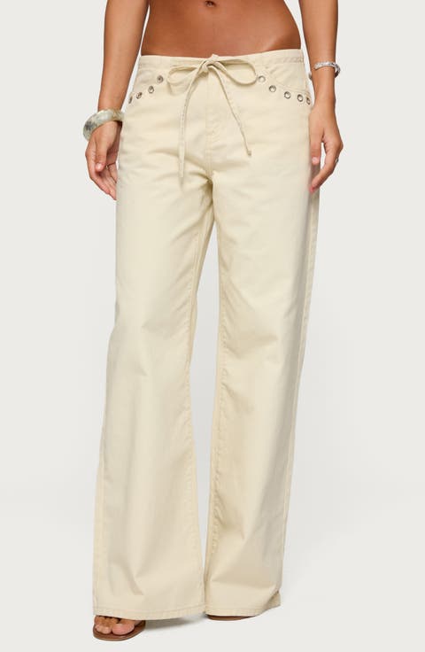 Grommet Drawstring Low Rise Wide Leg Jeans