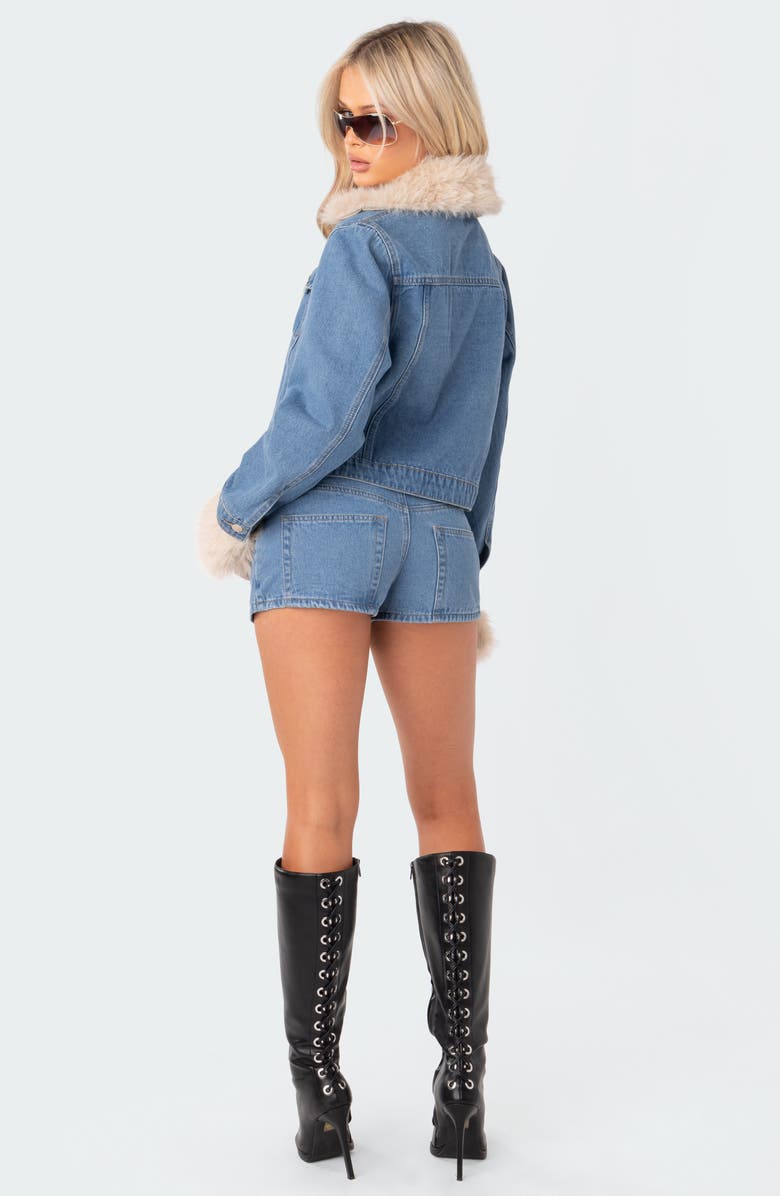 EDIKTED Drew Faux Fur Trim Denim Jacket, Alternate, color, 