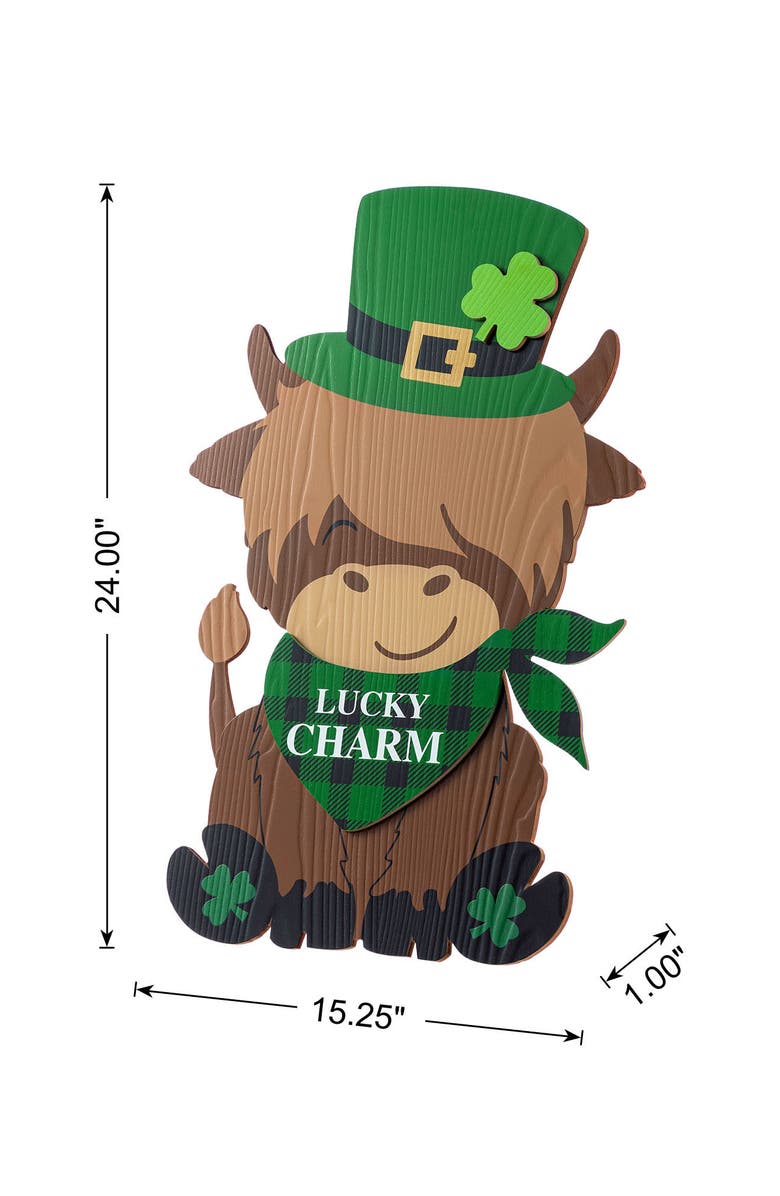 Glitzhome St. Patrick's Wooden Highland Cow Porch Decor, Alternate, color, Green