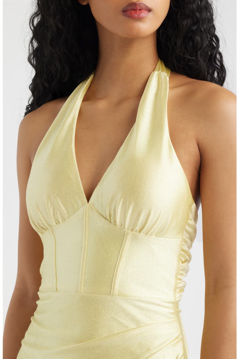 Glitter Bow Back Halter Gown, Alternate, color, BUTTER