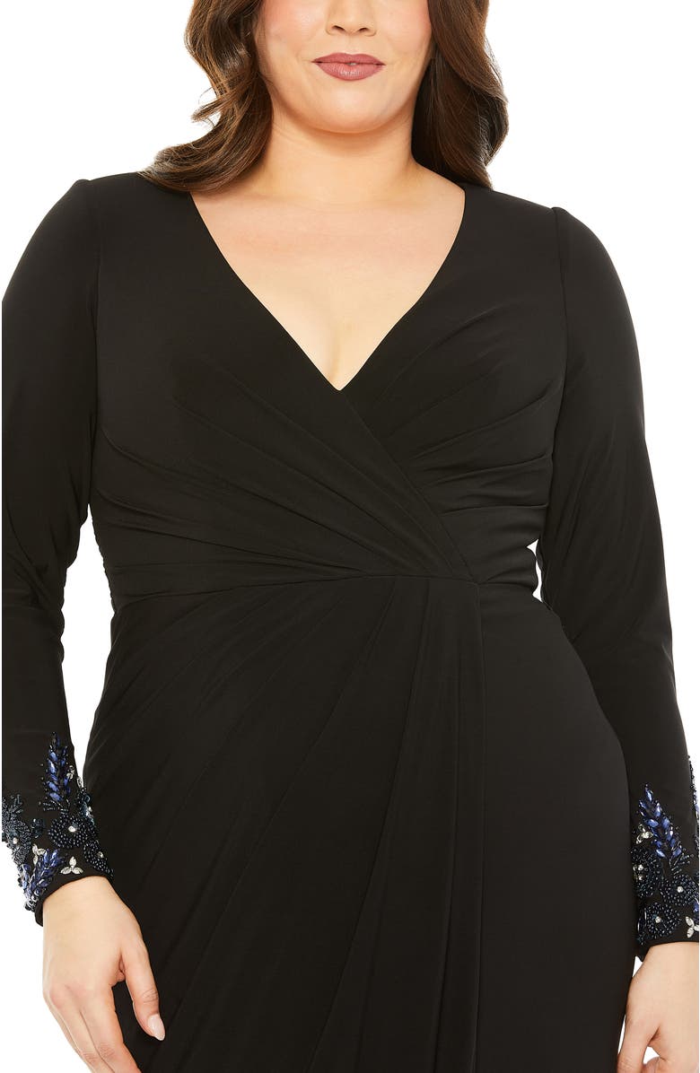 Mac Duggal Long Crystal Detail Sleeve V Neck Gown, Alternate, color, Black