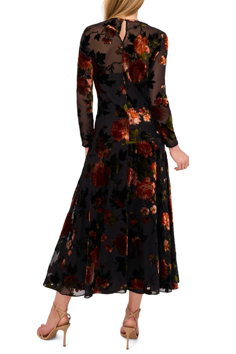Floral Velvet Burnout Long Sleeve Dress, Alternate, color, RICH BLACK