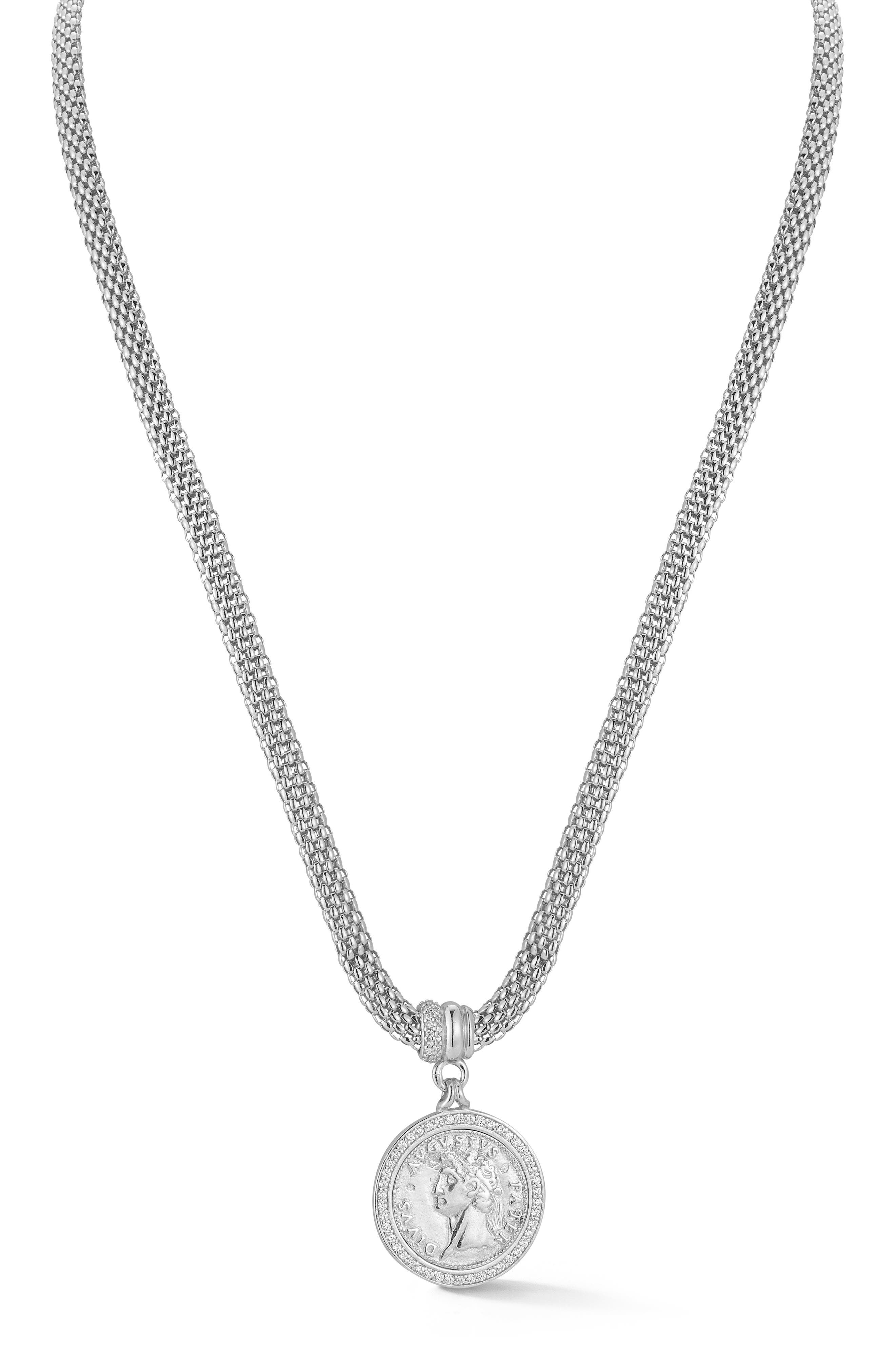 Sphera Milano Pavé Coin Pendant Popcorn Chain Necklace In Silver