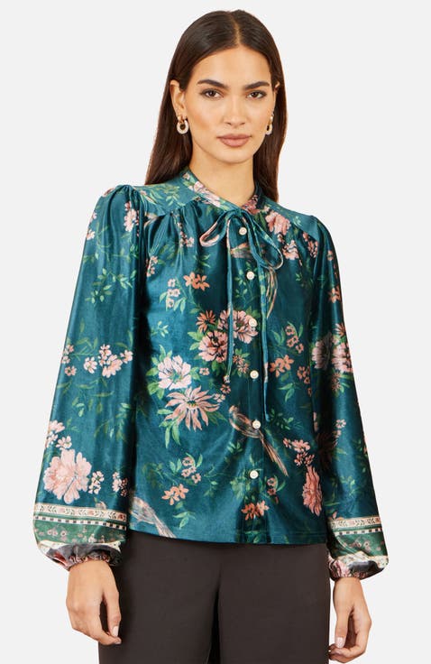 Floral Tie Neck Velvet Blouse