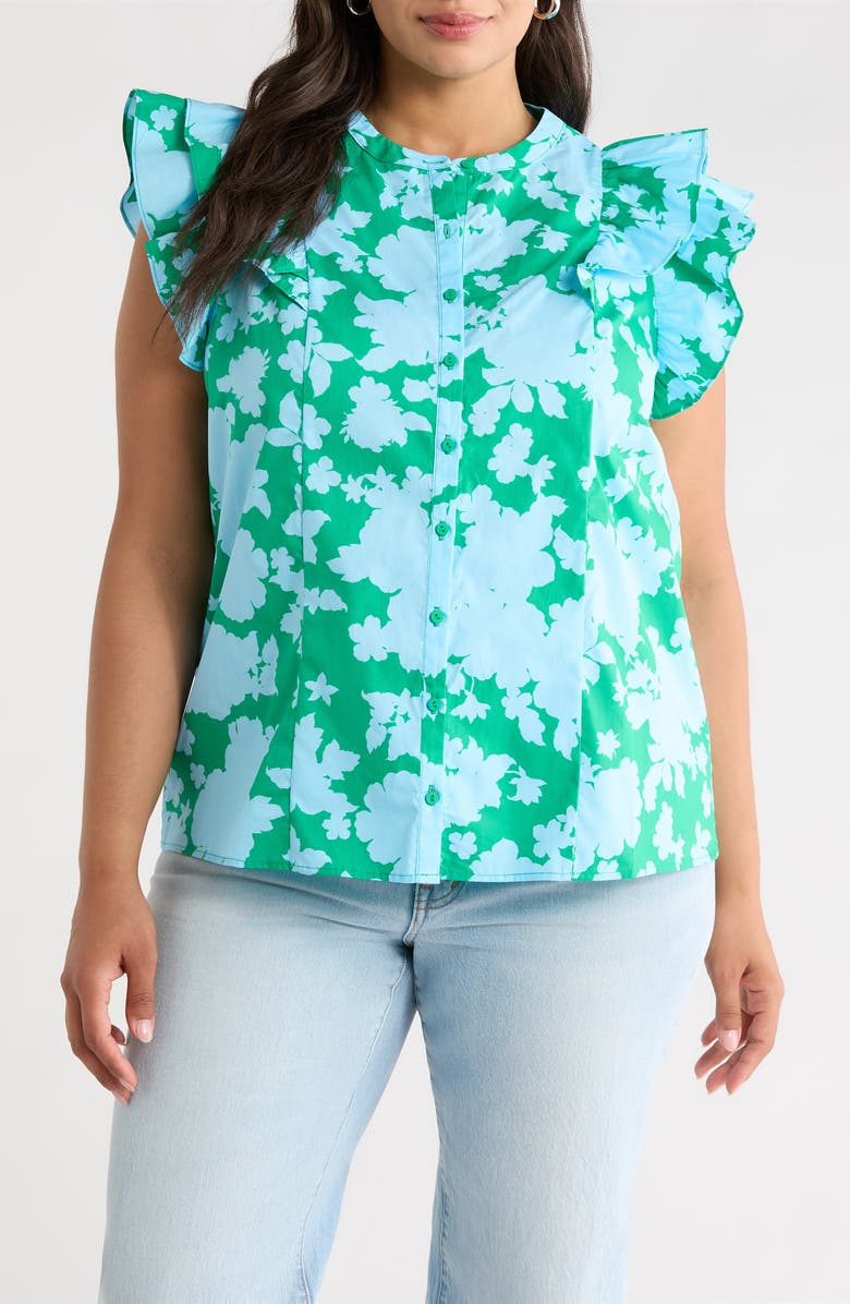 SUGARLIPS Riona Floral Sammi Cotton Button-Up Top, Main, color, Blue-Kelly